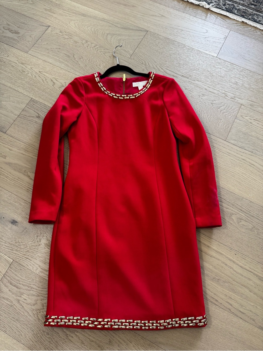 MK Red Long-Sleeve Embellished Shift Dress